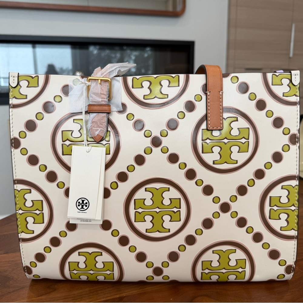Brand New With Tag Tory Burch White, Lavender and Brown Logo Tote
